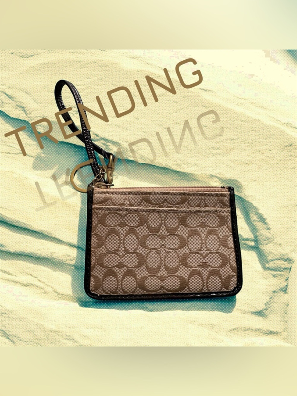 Coach Beige Signature Canvas Card Case with Black Trim and Wristlet